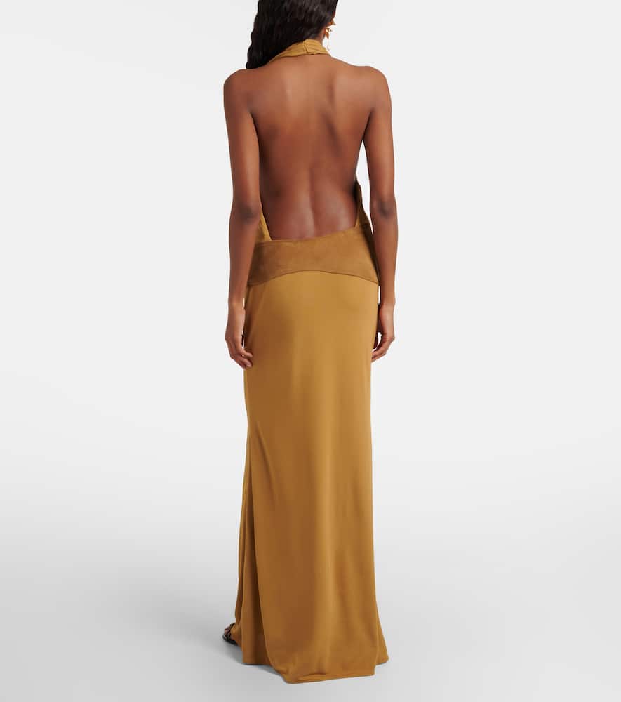 Suede-trimmed jersey gown