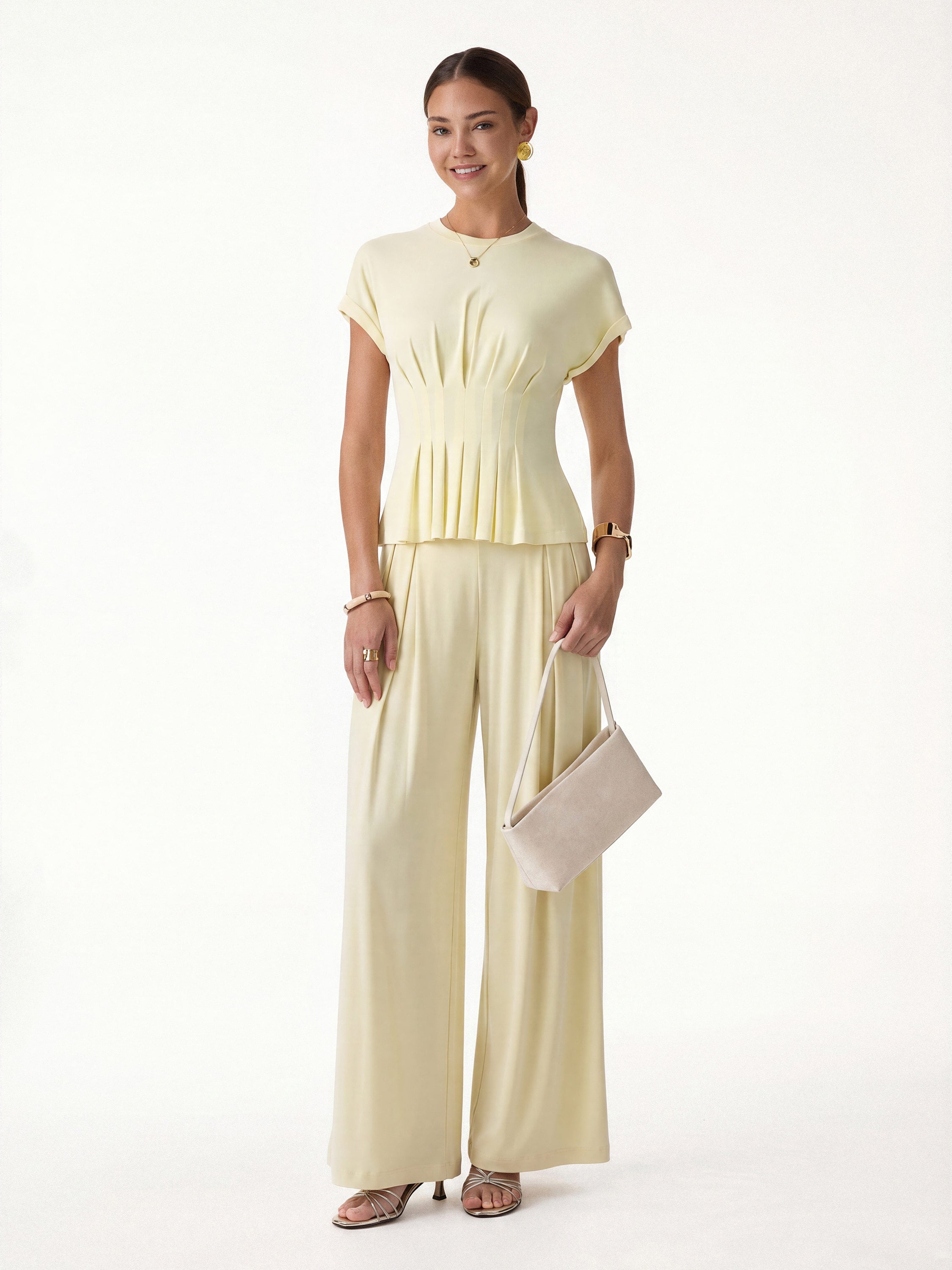 2Pcs Set Round Neck Short Sleeve Tee & Wide Leg Pants with Pockets - Butter Yellow / XS