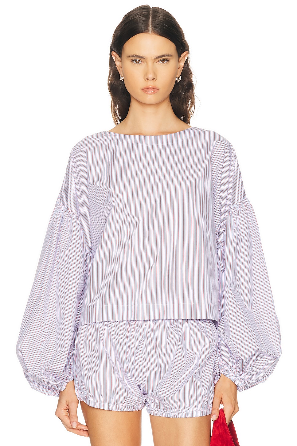 Suzie Kondi Balon Top in Chambray & Poppy Stripe - Baby Blue. S also in XS