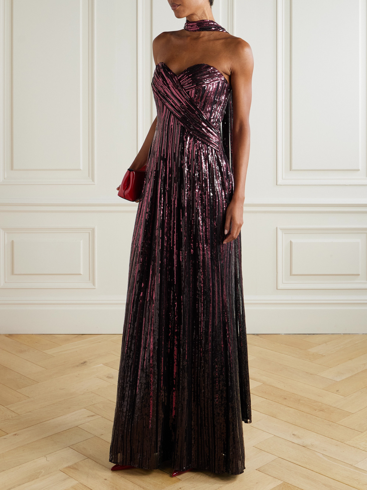Strapless Scarf-detailed Sequined Tulle Gown - Burgundy