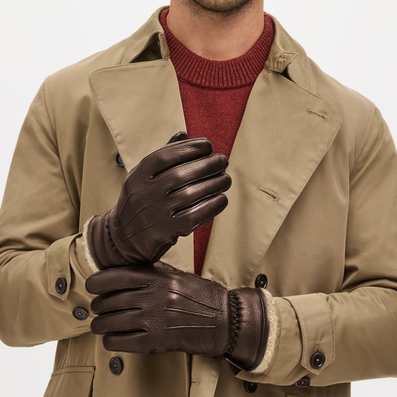 Men's Deerskin Leather Gloves in Chocolate Deerskin with Shearling Cuff