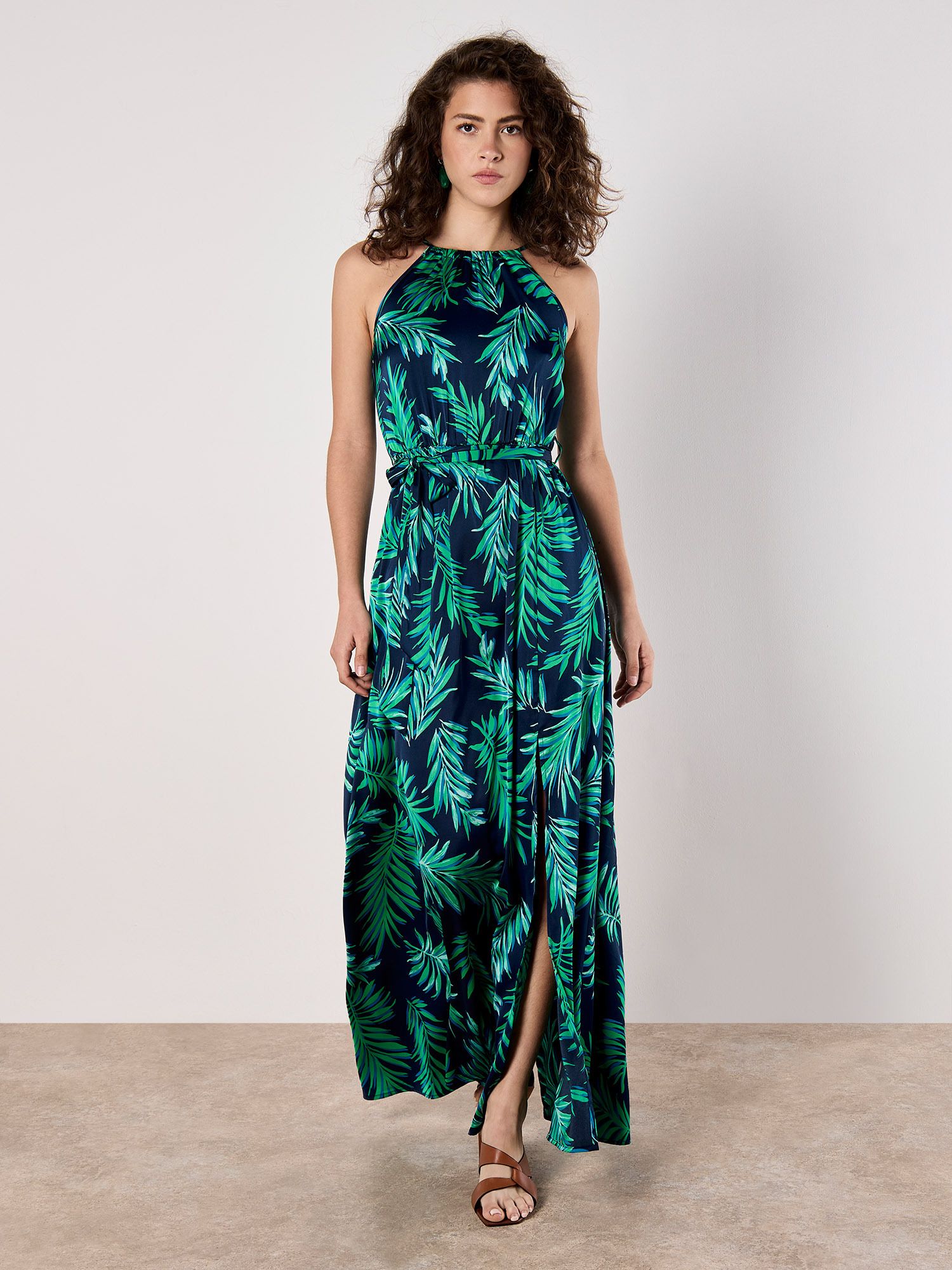 Apricot Tropical Leaf Satin Halterneck Maxi Dress In Navy