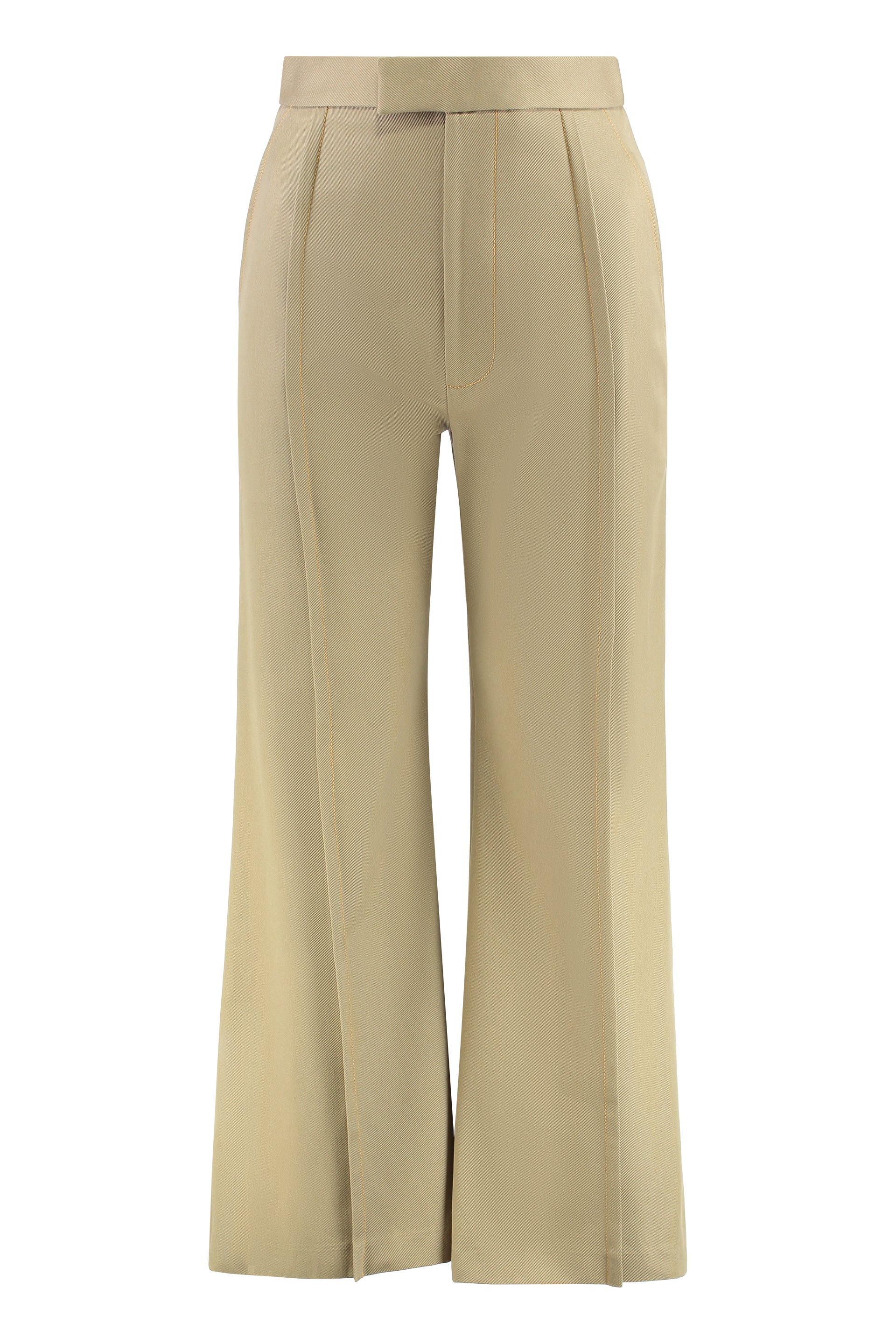 Flared Cotton Trousers with Visible Stitching and Side Pockets
