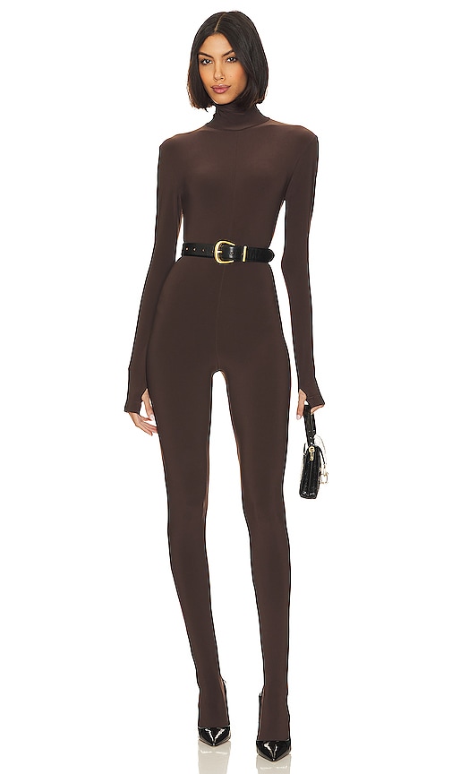 Norma Kamali Slim Fit Turtle Catsuit With Footsie in Chocolate. -  XL also in L
