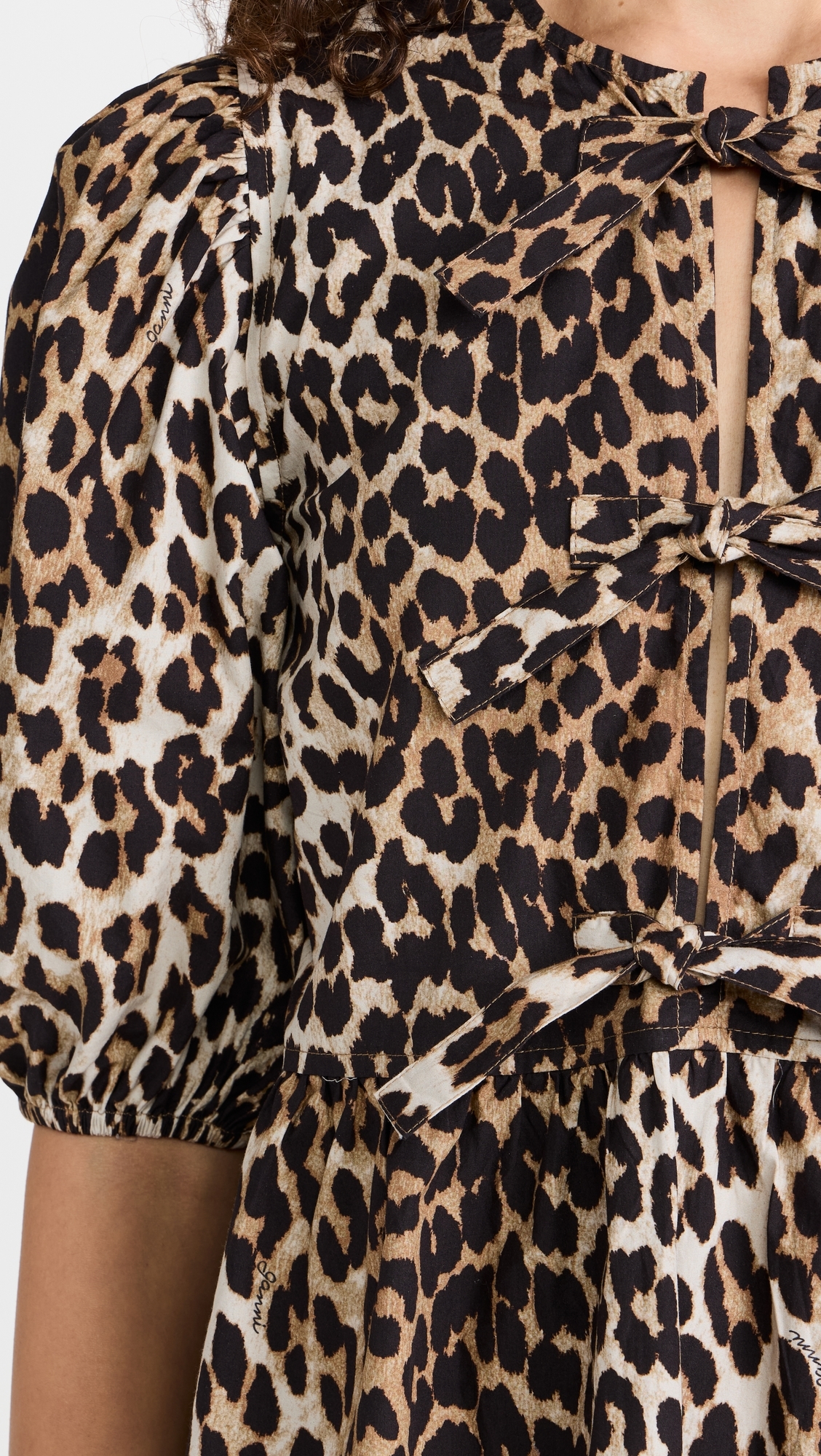 Cotton Poplin Tie String Mini Dress Leopard