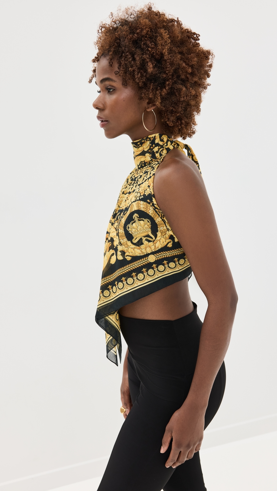 Beachwear Cotton Silk Voile Fabric Baroque Print Top 5B000-Black+Gold