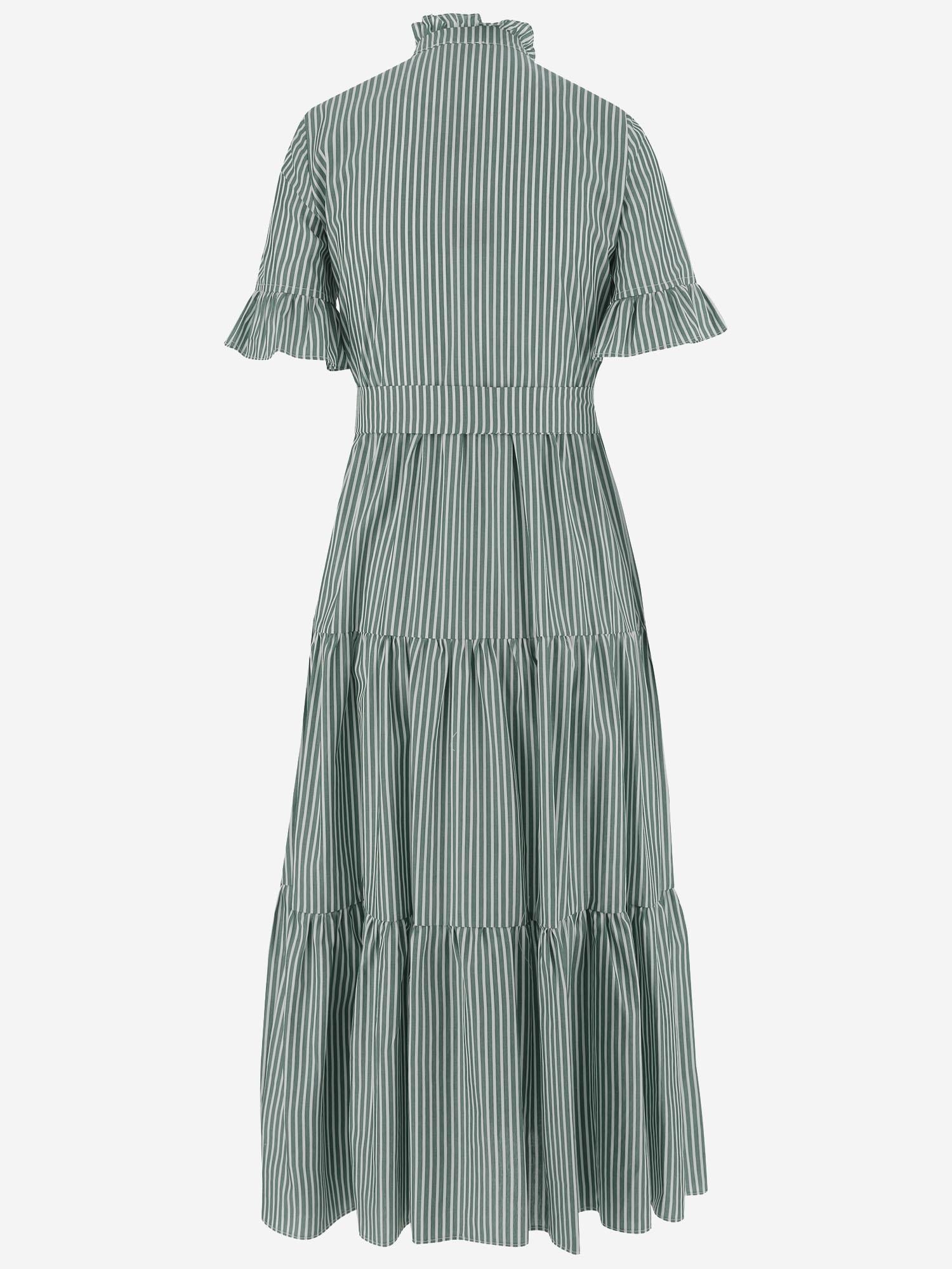 Striped Cotton with Ruffle Collar Dress — Green