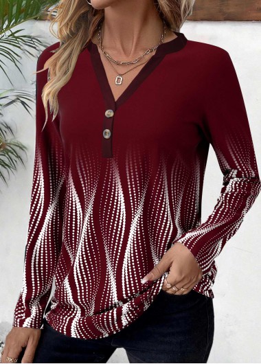 Modlily Deep Red Button Ombre Long Sleeve T Shirt