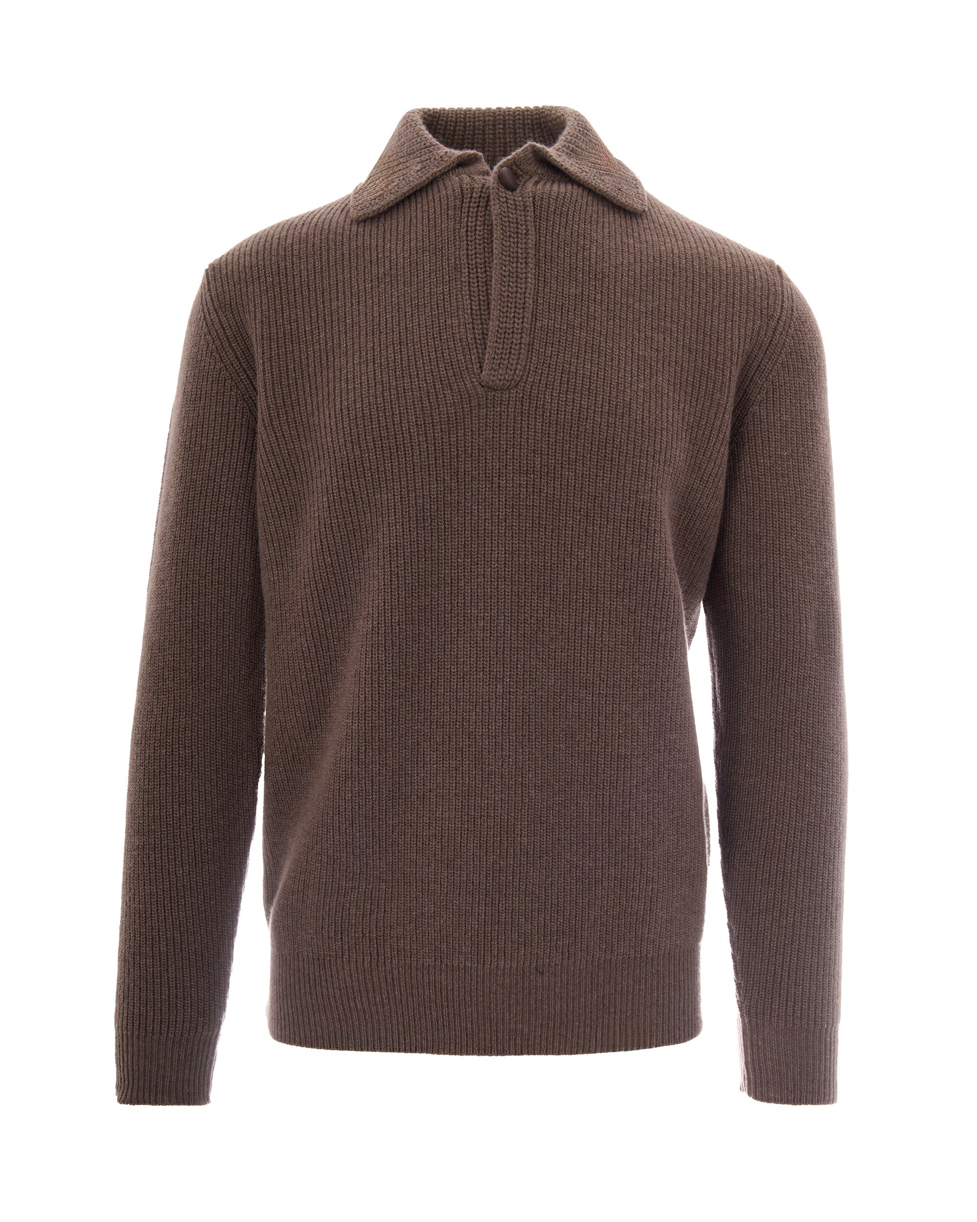 Fisherman Rib Wool Polo Sweater — Brown