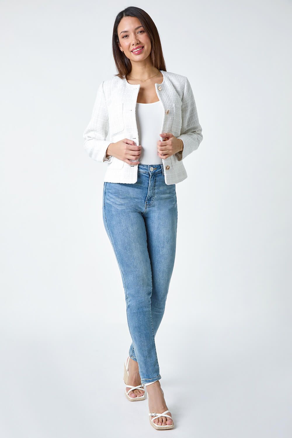 Roman Collarless Boucle Jacket In Ivory