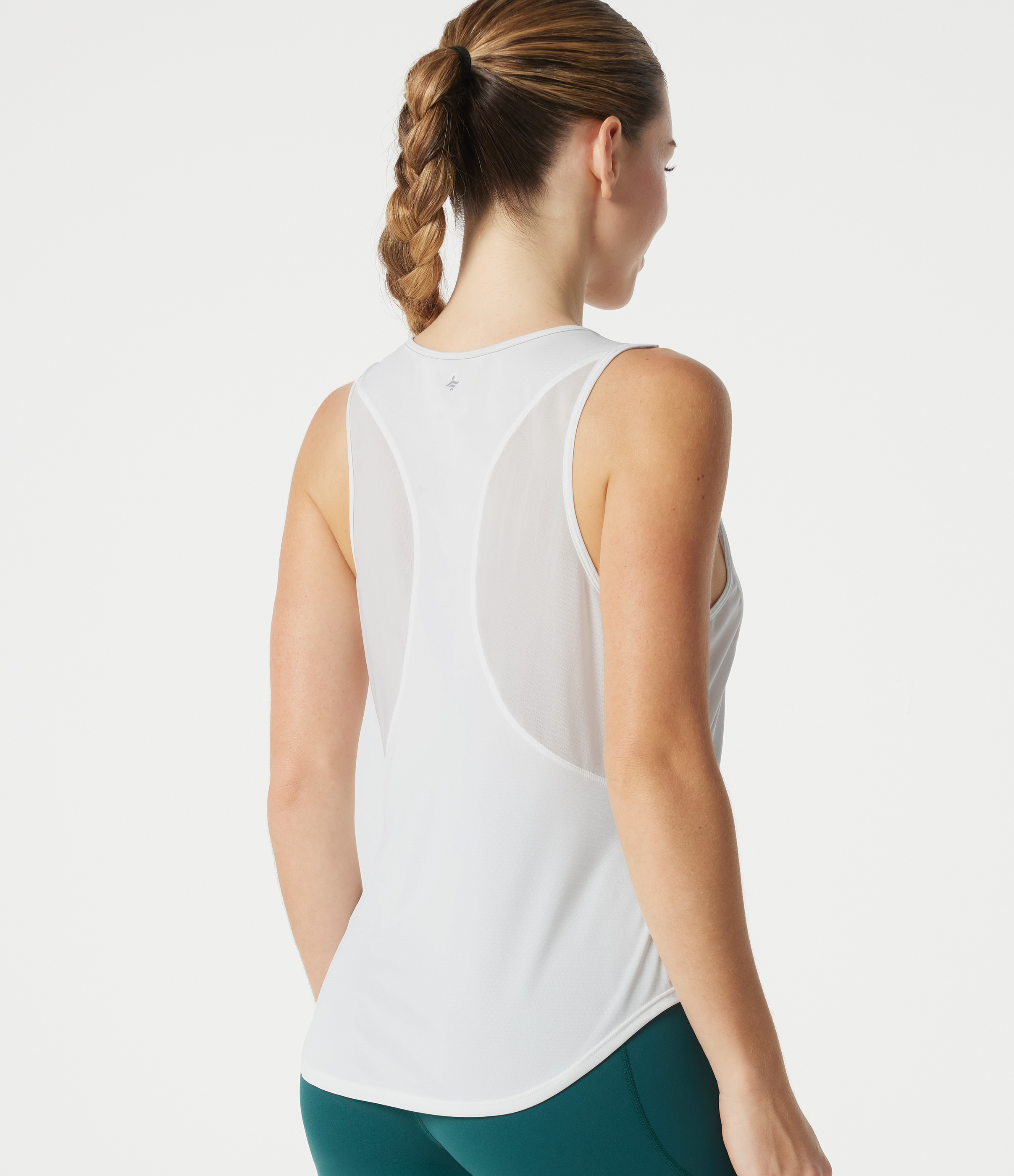 Round Neck Contrast Mesh Curved Hem Workout Tank Top Tank Top - White