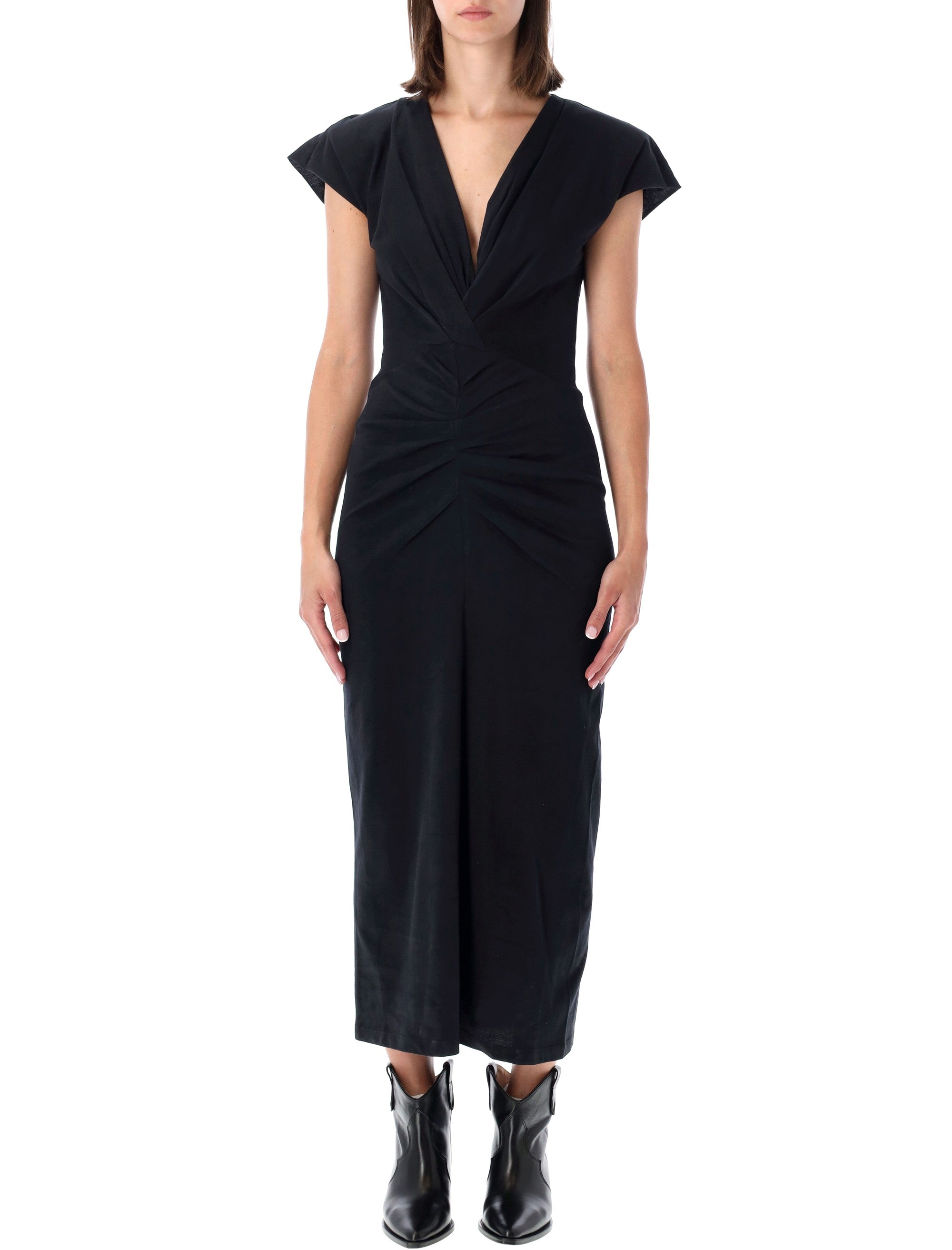 Nadra Pleated Cotton T-Shirt Wrap Maxi Dress with Plunging V-Neck