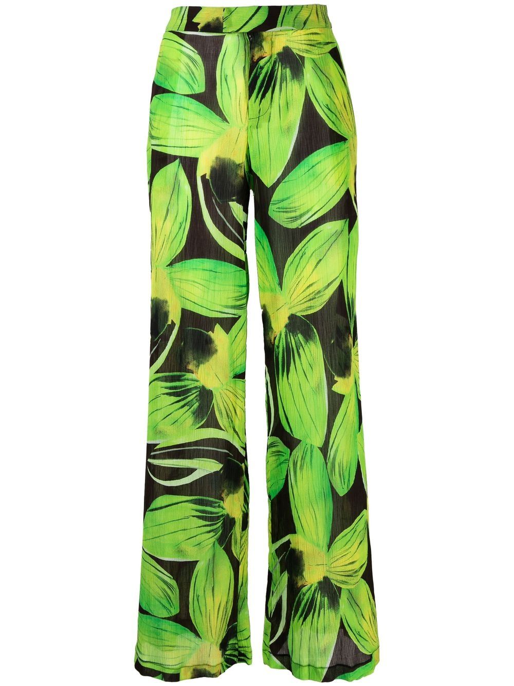 Leaves-Print Wide-Leg Trousers — Green