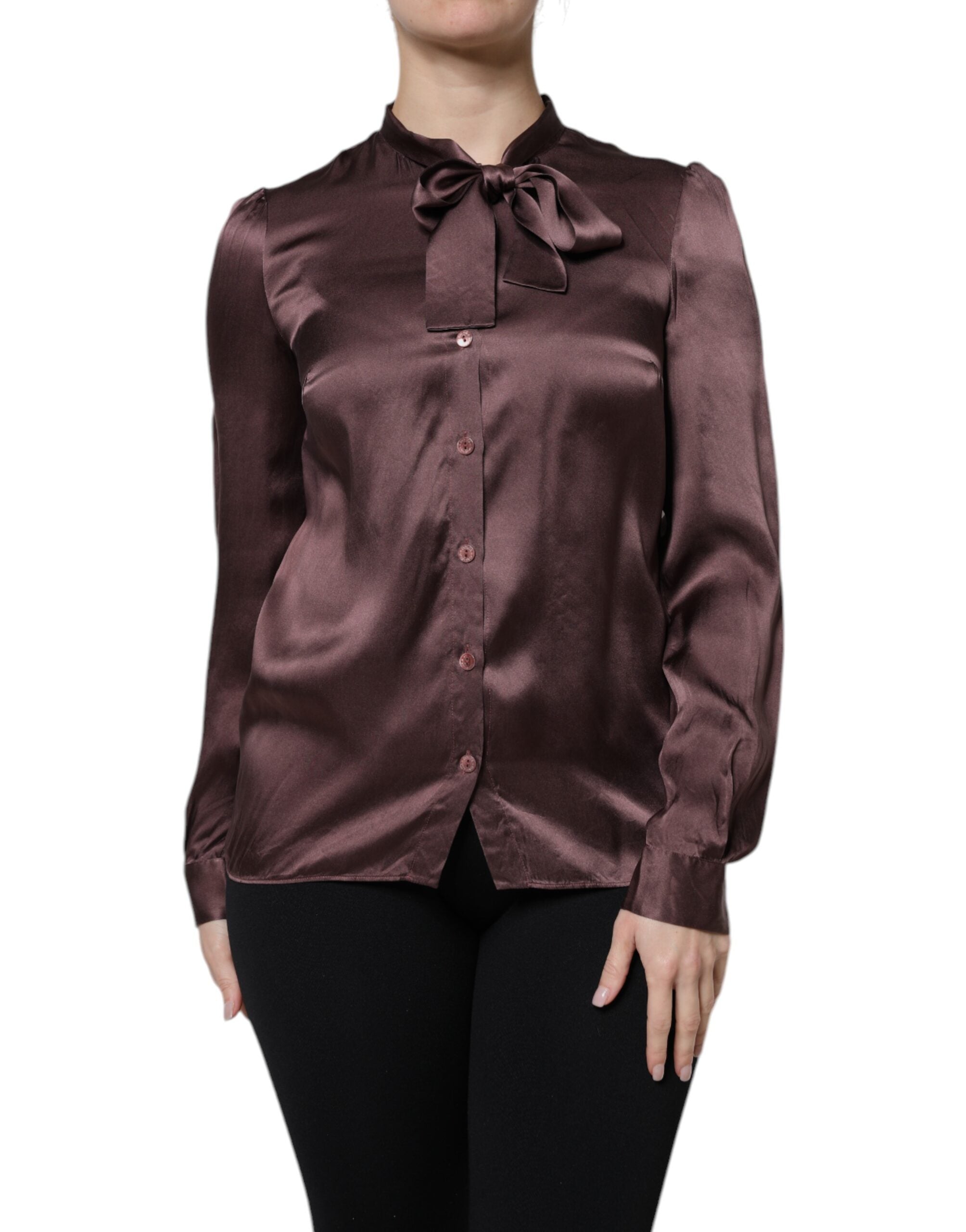 Ascot Collar Silk Blouse — Brown