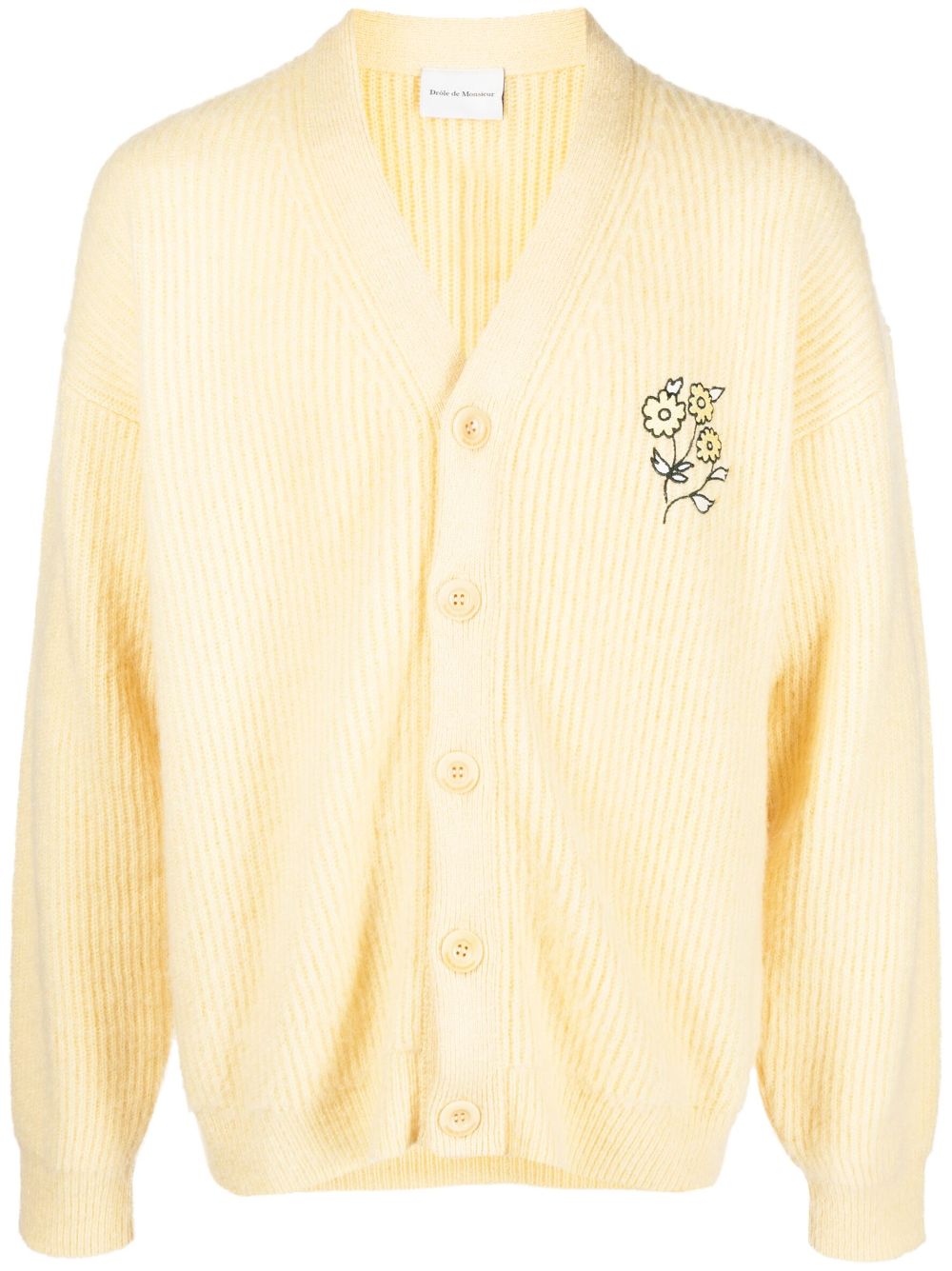 Embroidered-flower ribbed cardigan - Yellow
