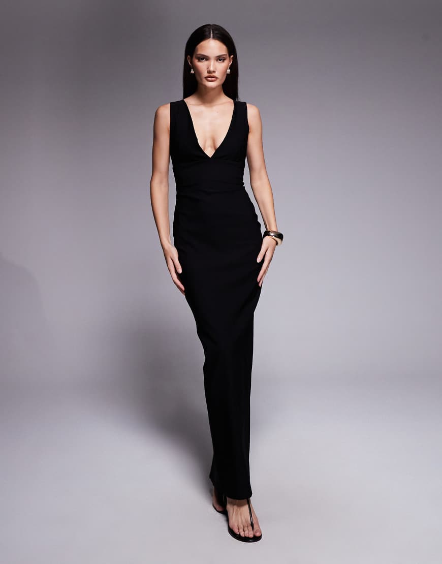 Bengaline v neck plunge maxi dress in black