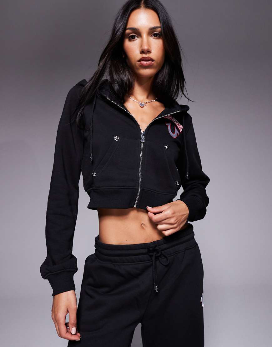 Embroidered back cropped zip hoodie in black