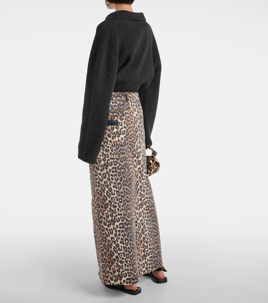 Leopard-print denim maxi skirt