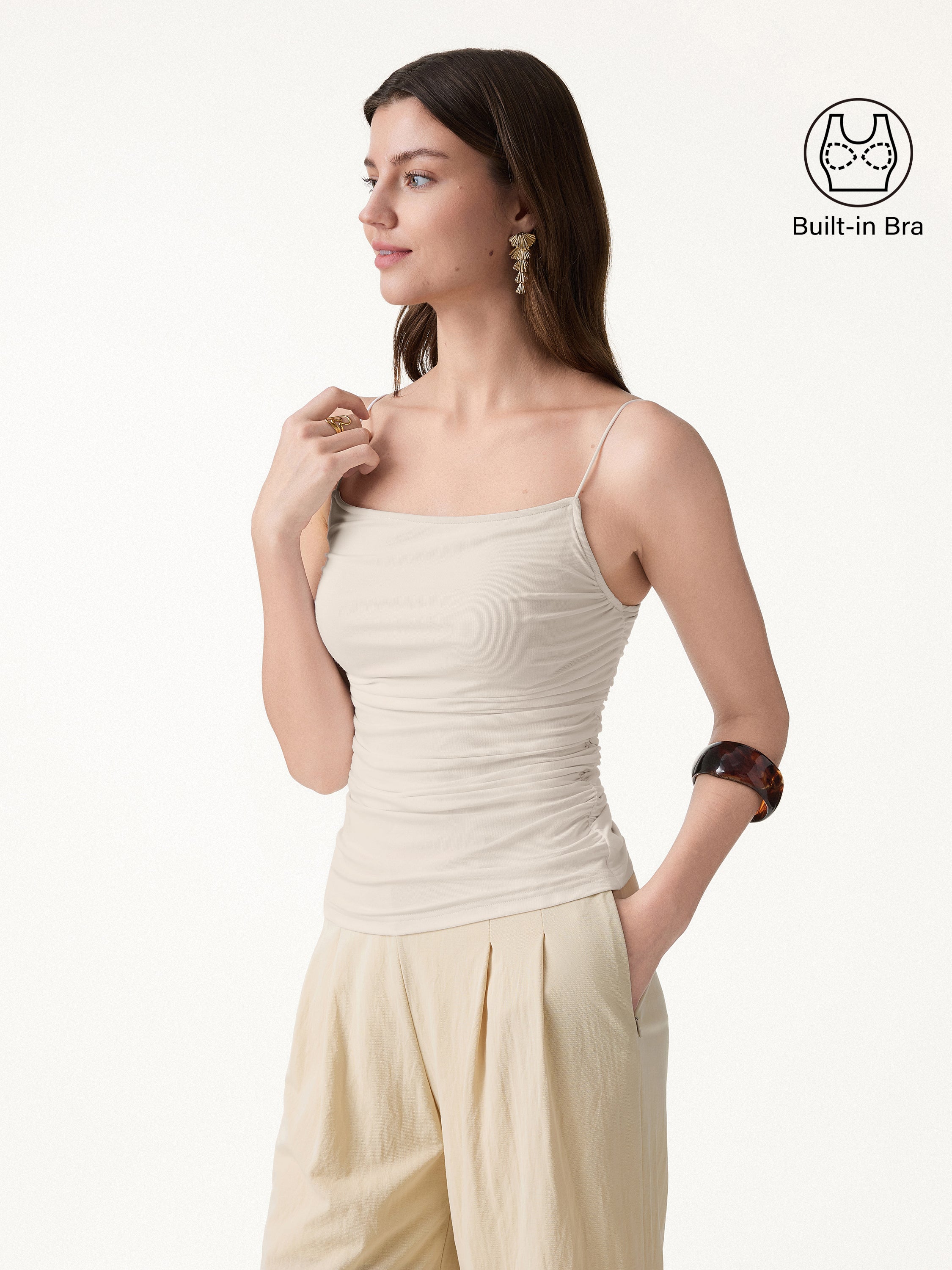 Square Neck Ruched Spaghetti Bra Top - Fog