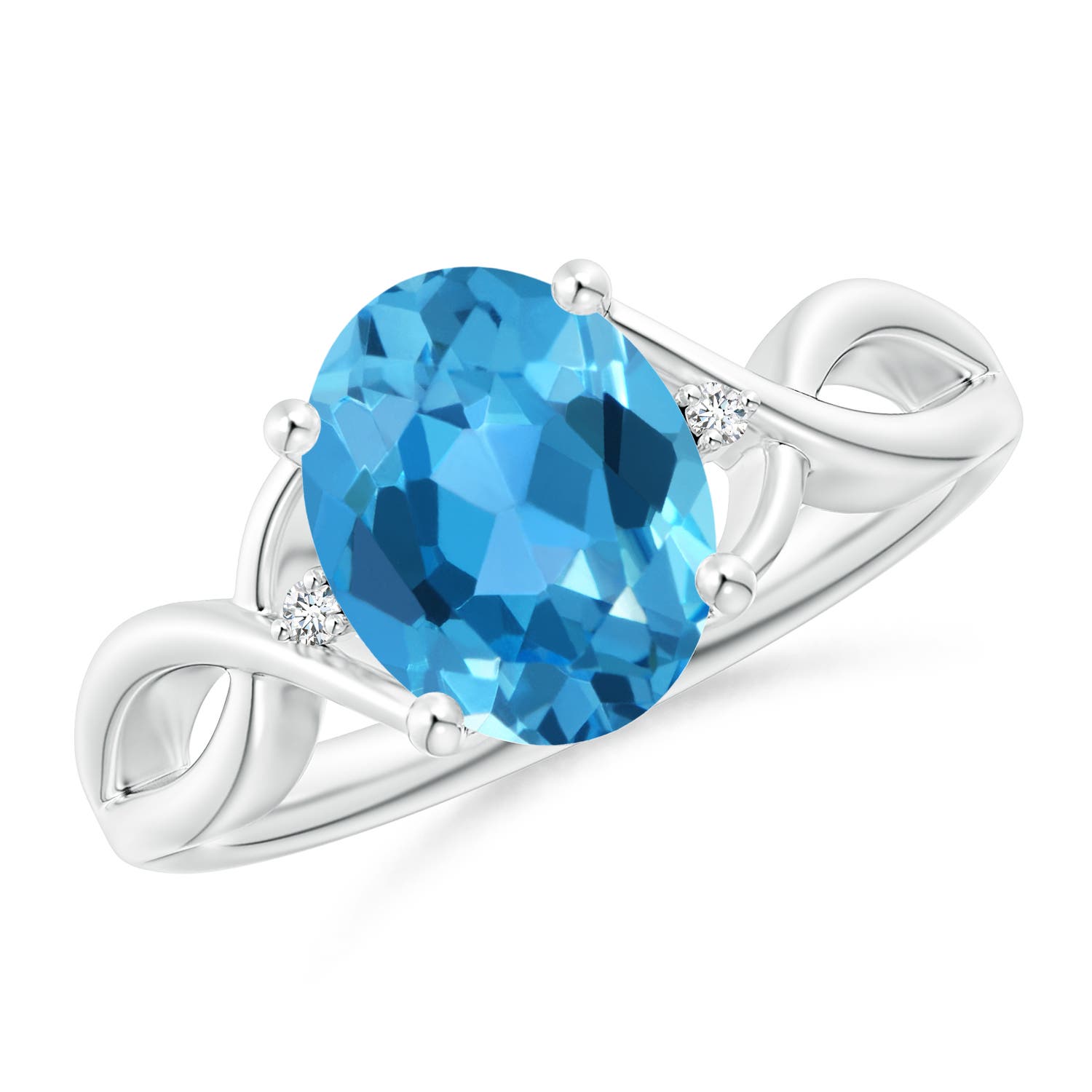 Angara 3.25 Carats Oval Swiss Blue Topaz Criss Cross Ring with Diamond Accents in Platinum