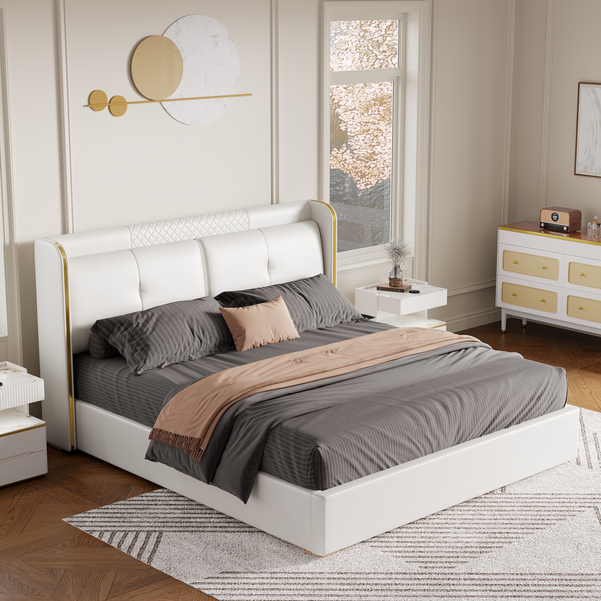 Homary White Wingback King Storage Bed with Faux Leather Upholstered Foam Padding Headboard & Wood Slat