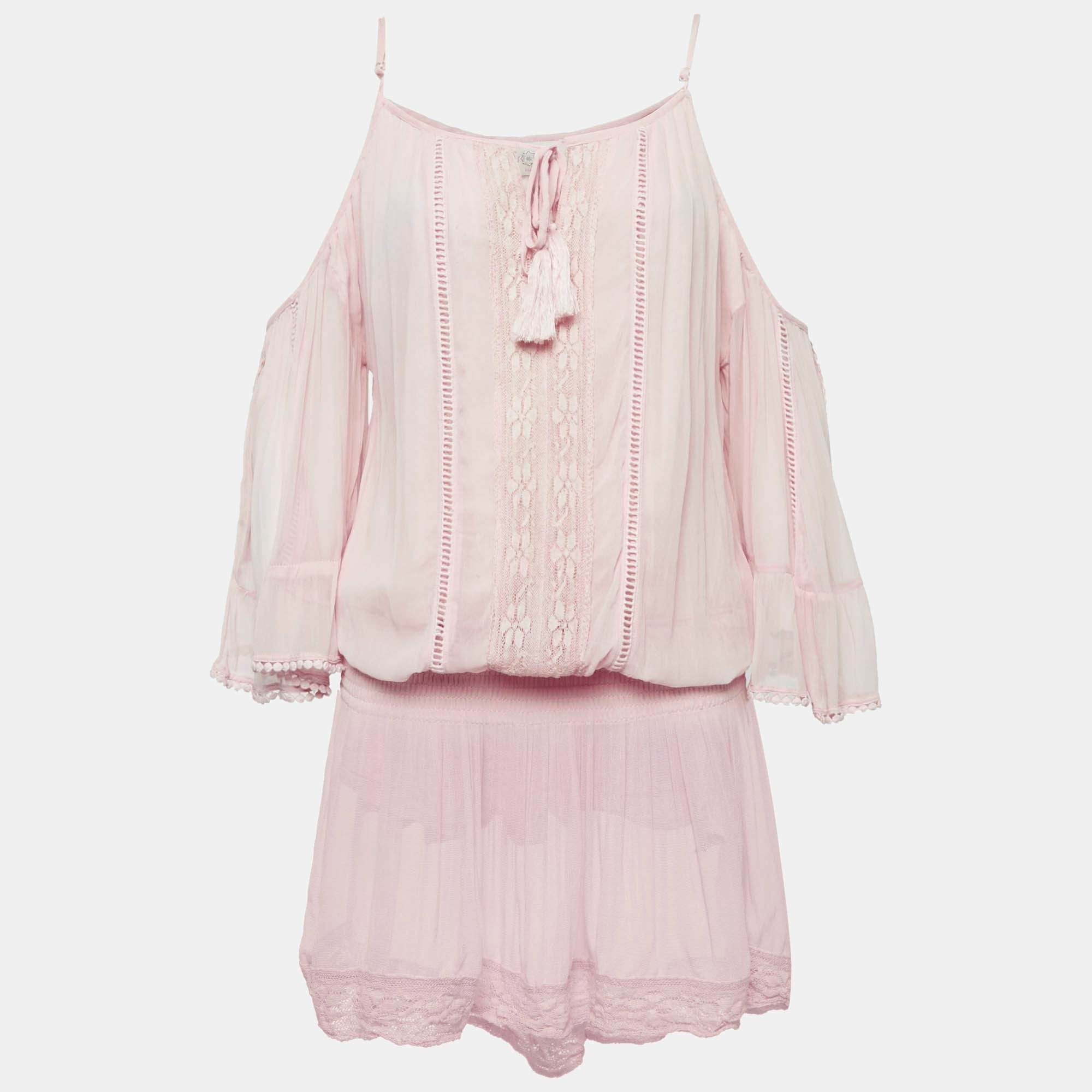 Pink Crepe Lace Trimmed Short Dress