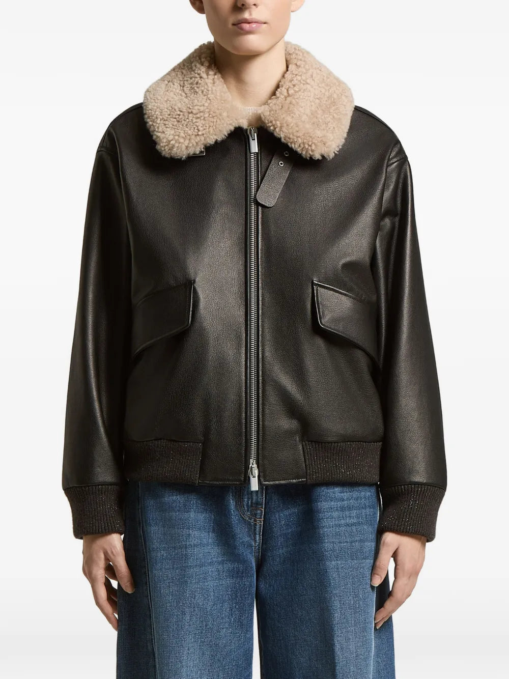 Shearling-Collar Leather Bomber Jacket — Black