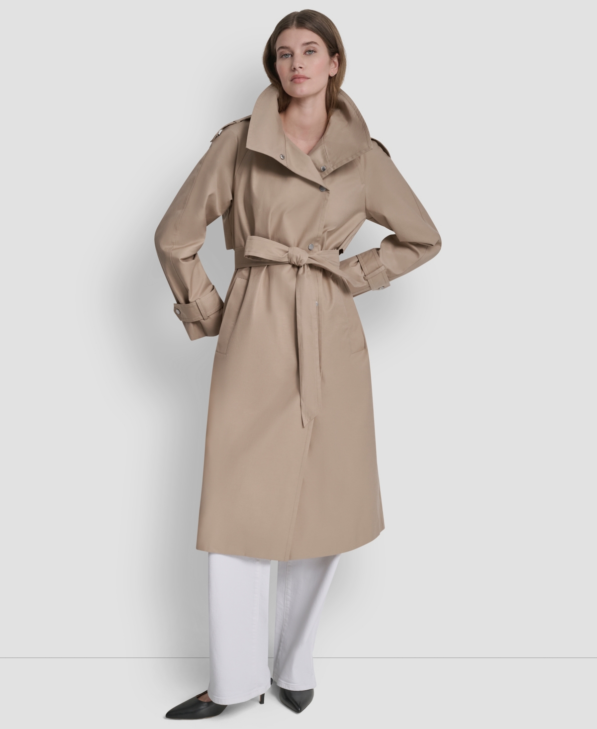 Women's Belted Funnel Collar Long Trench Coat - Khaki