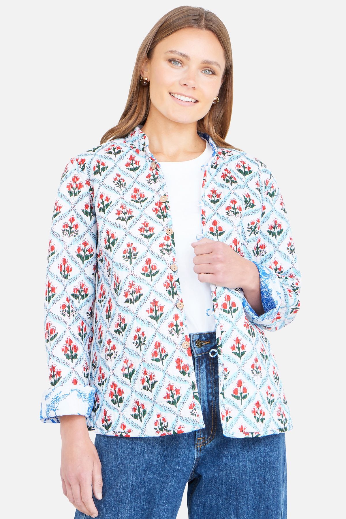 Yumi Blue Palm Reversible Cotton Quilted Jacket In Bright Blue