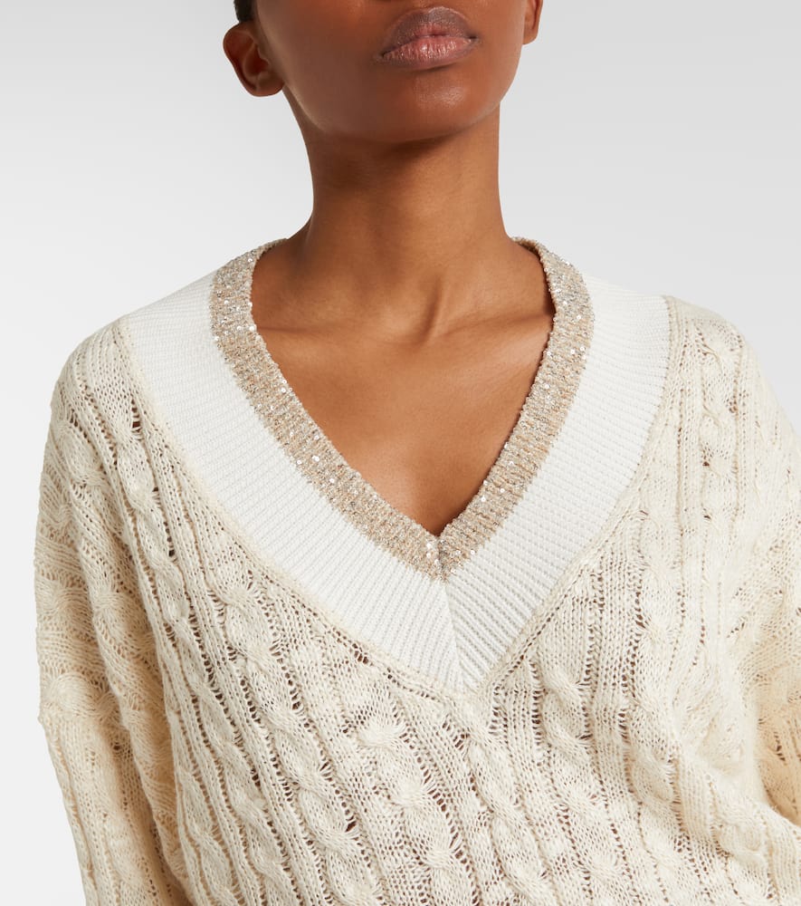 Cable-knit sequined hemp, silk, and cotton sweater