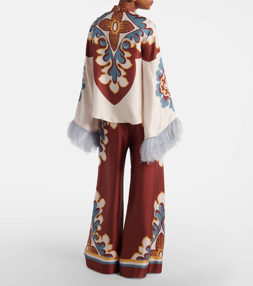 La DoubleJ Make An Exit feather-trimmed silk top