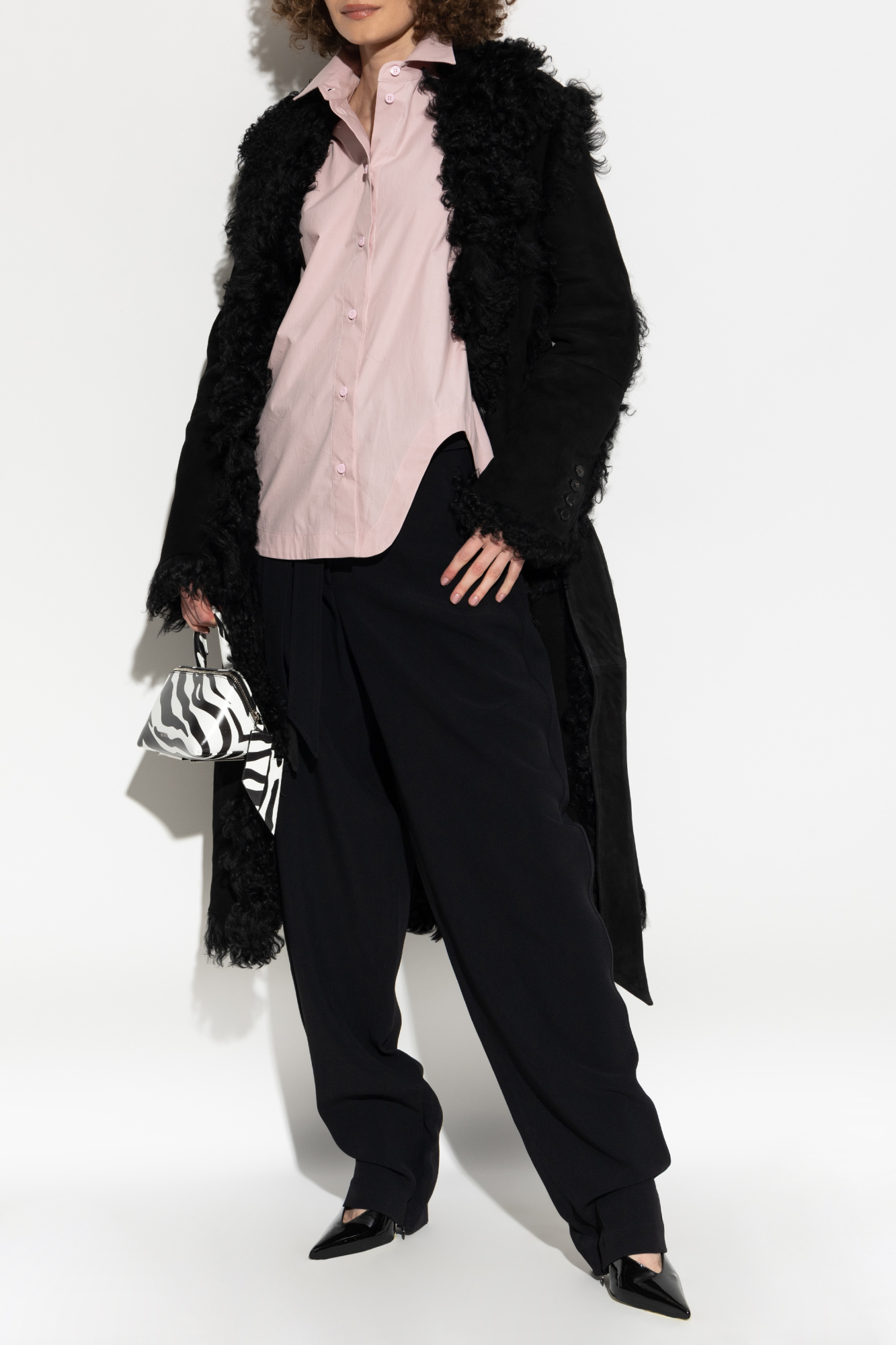 Shearling Coat Tied With A Belt, Women's, Black