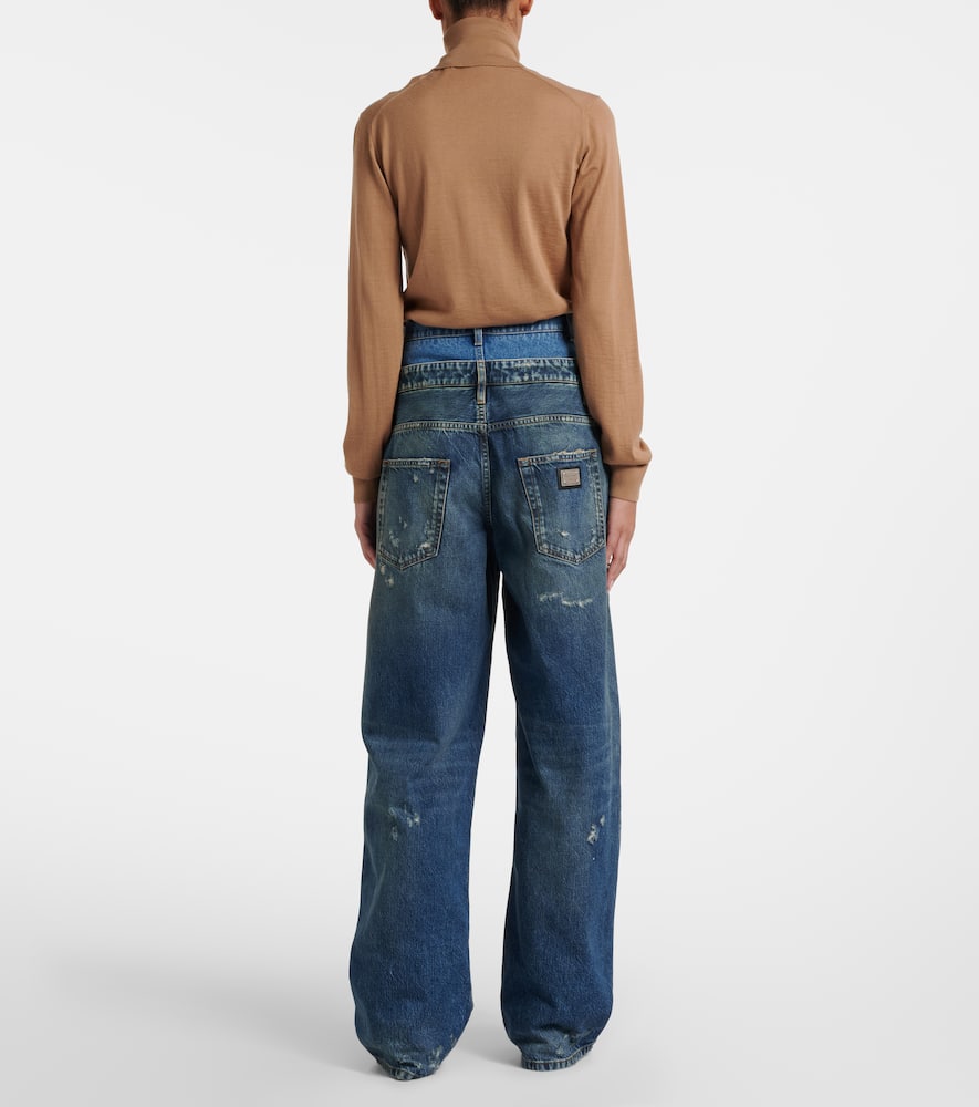 Distressed layered high-rise wide-leg jeans