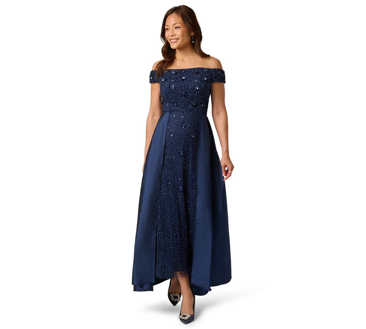 Women's Beaded Taffeta Overlay Ball Gown - LIGHT NAVY