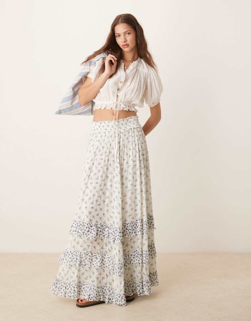 Free People brynn micro floral tiered maxi skirt in ivory-White