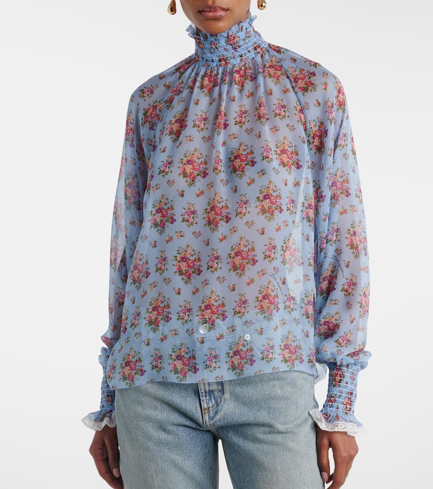 Floral ruffled silk and cotton blouse