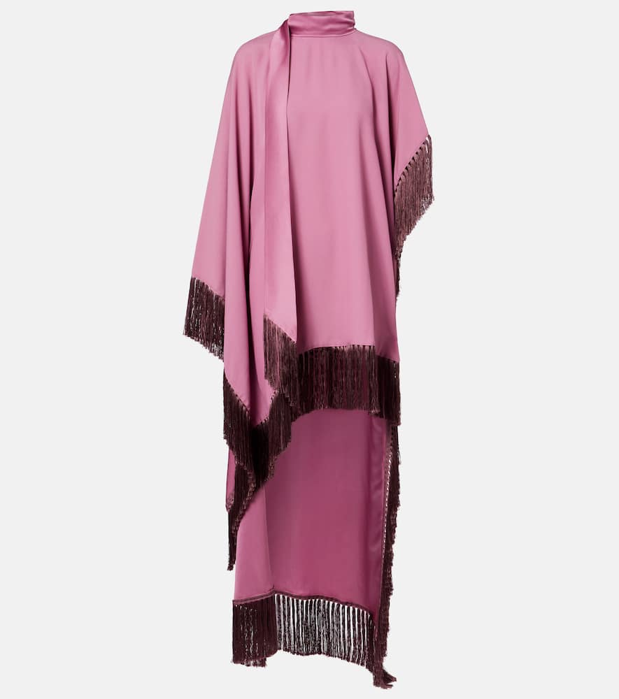 Asymmetric fringed satin kaftan