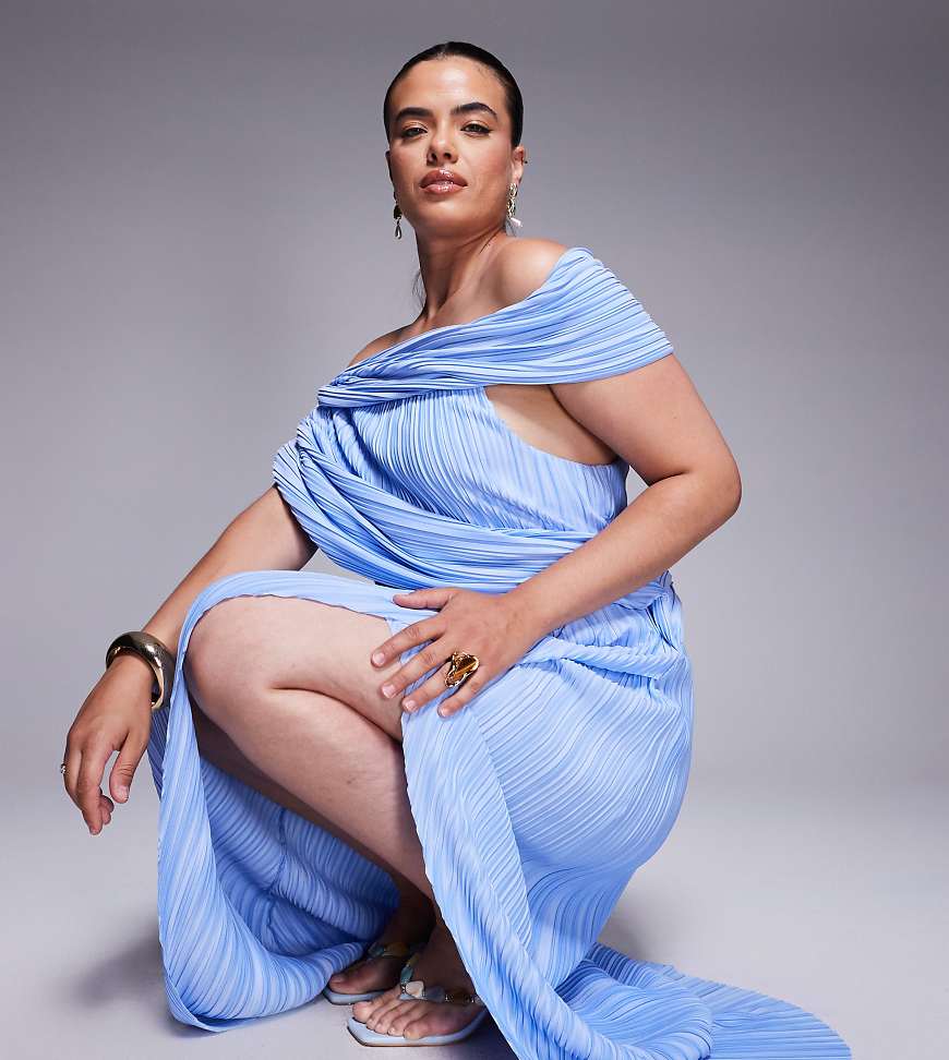 ASOS DESIGN Curve plisse drape shoulder midi dress with wrap skirt in pastel blue