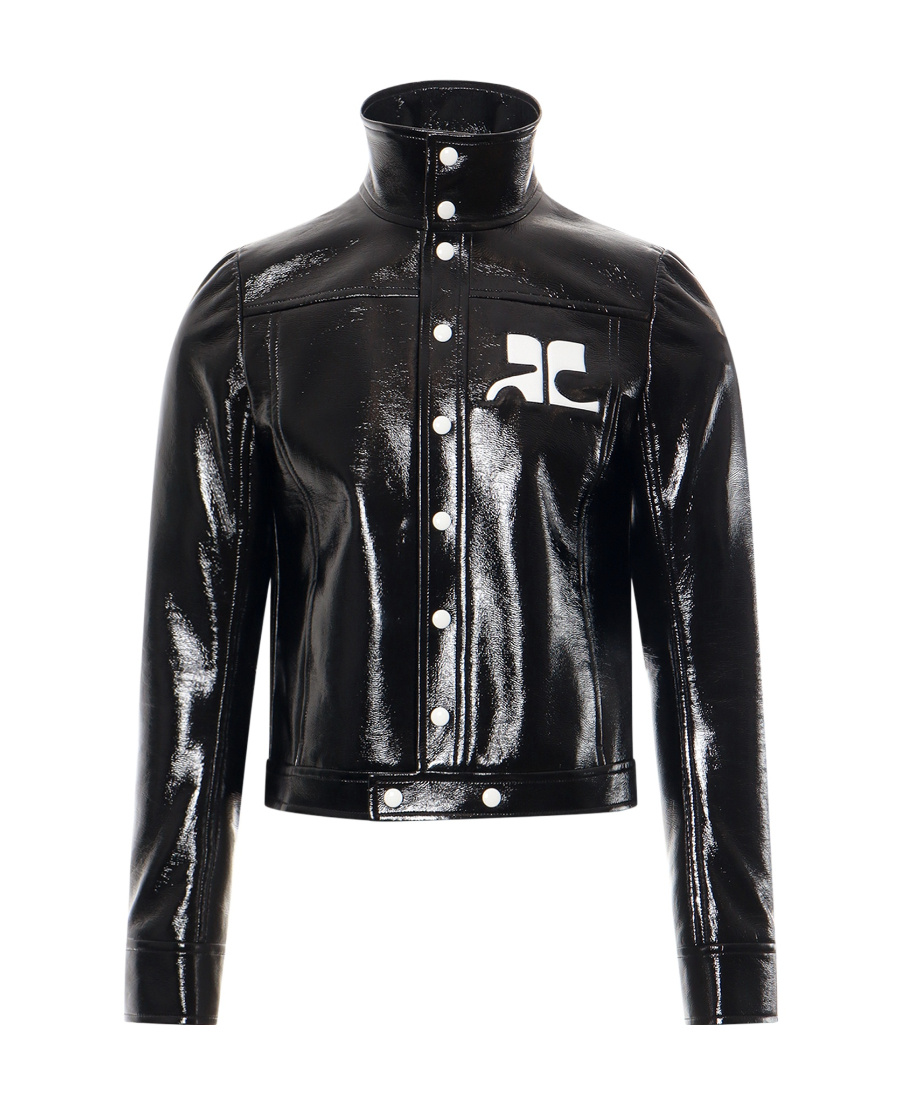 Logo-patch faux-leather jacket