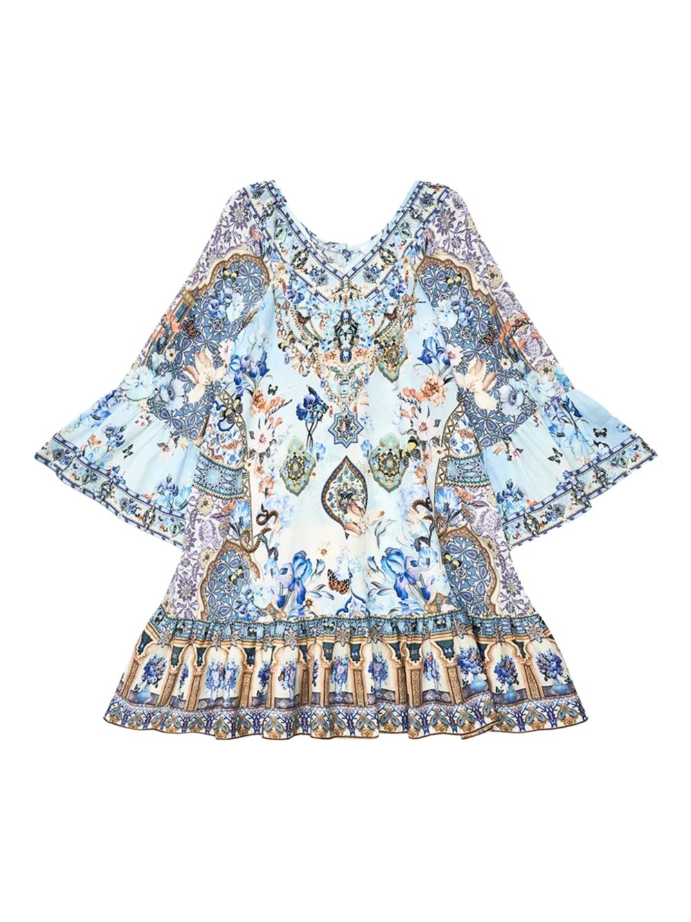 Floral-printed bell-sleeved dress - Blue