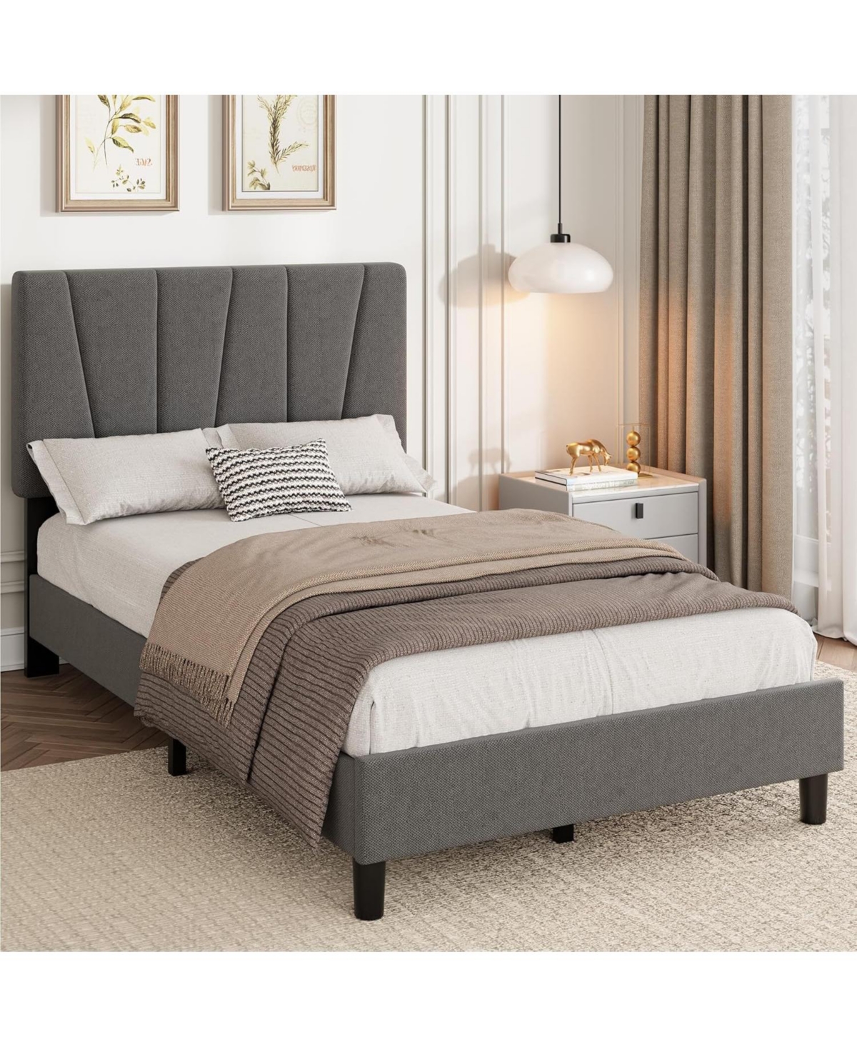 Twin Platform Bed with Adjustable Headboard, Linen Upholstered Frame, Wood Slats