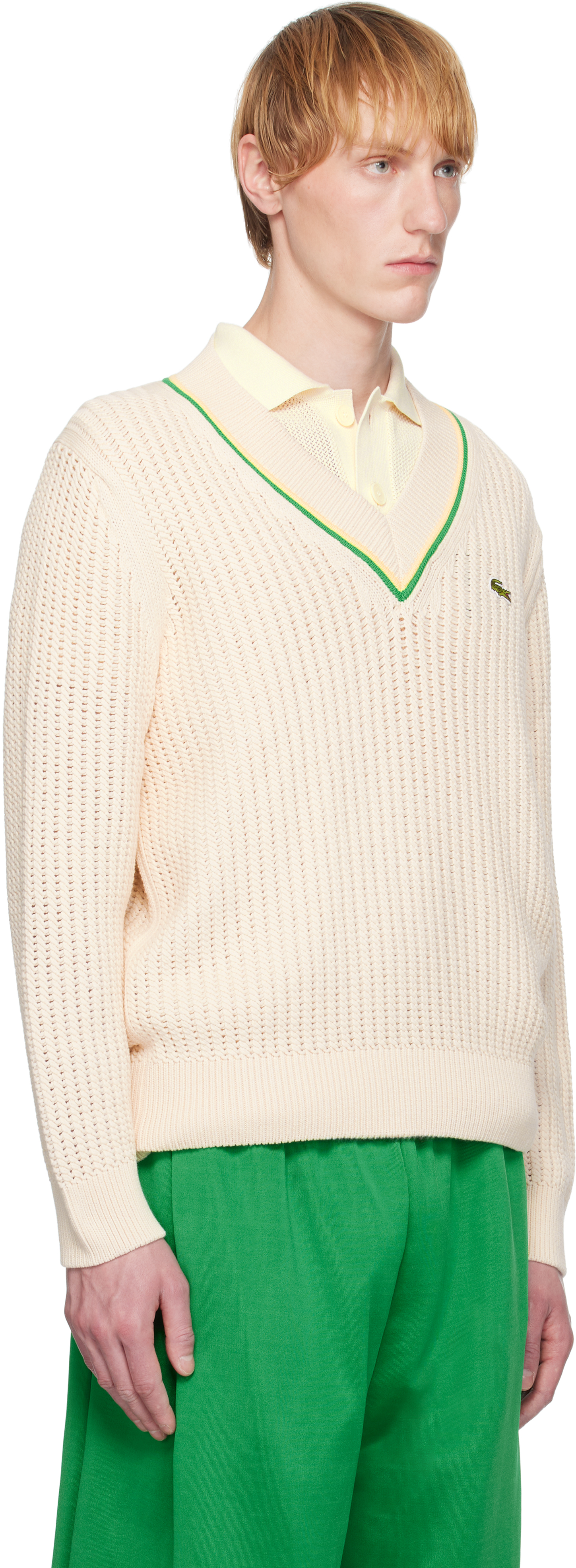 Lacoste Off-White V-Neck Striped Tennis Sweater