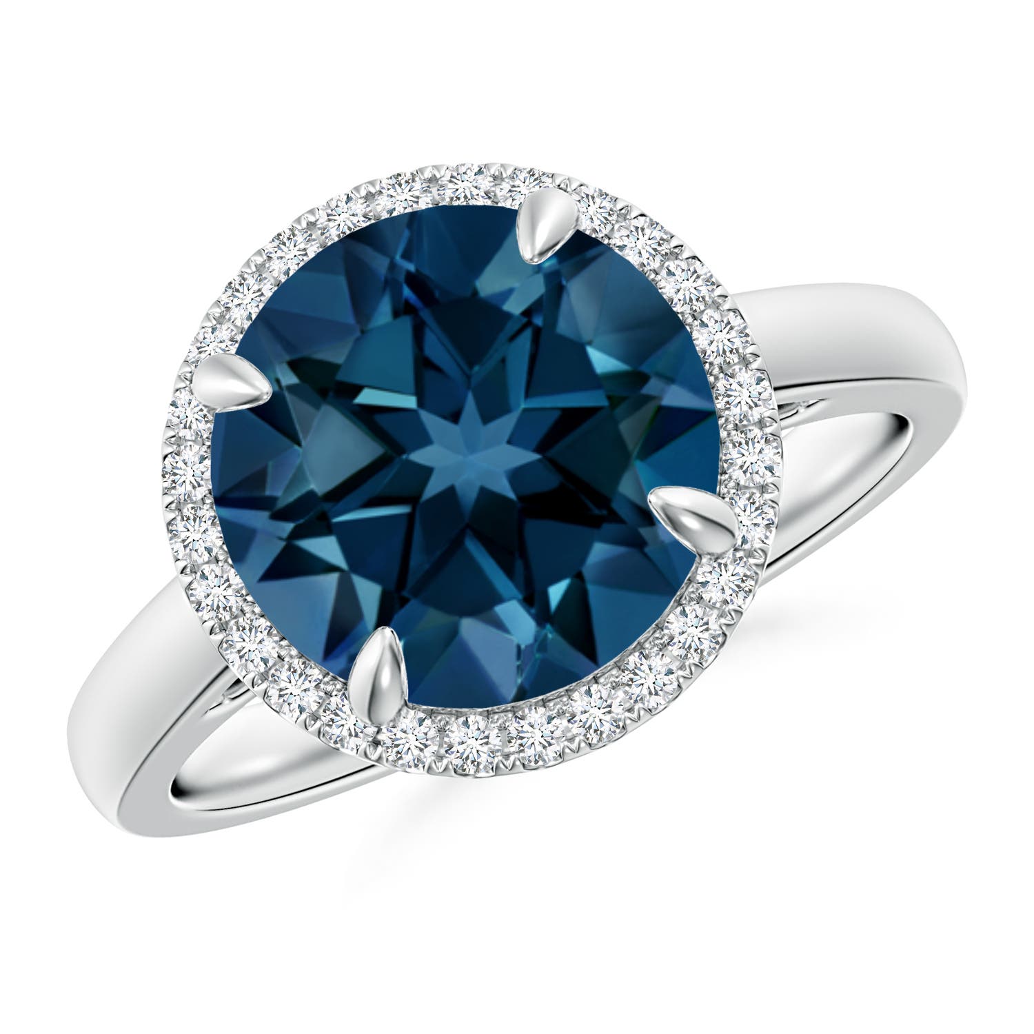 Angara 4.2 Carats Round London Blue Topaz Cathedral Ring with Diamond Halo in Platinum