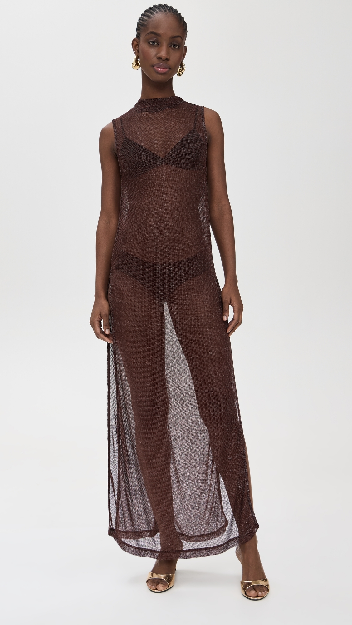 Mesh Sleeveless Dress Metallic Brown