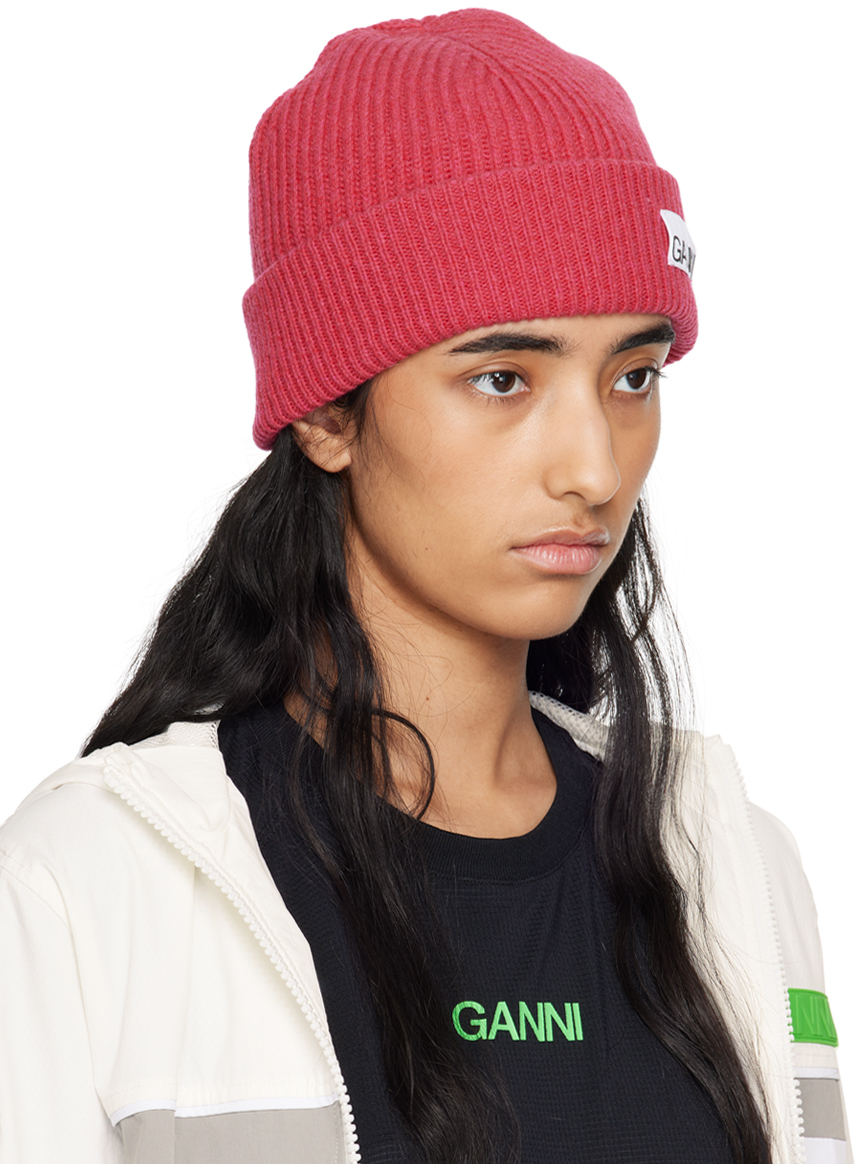 GANNI Pink Fitted Wool Rib Knit Beanie