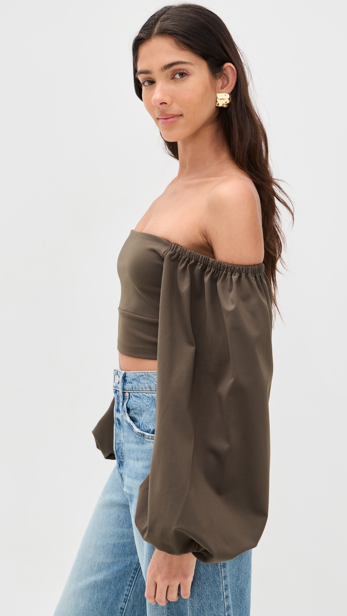 Off-Shoulder Puff Sleeve Top Turkish Coffee