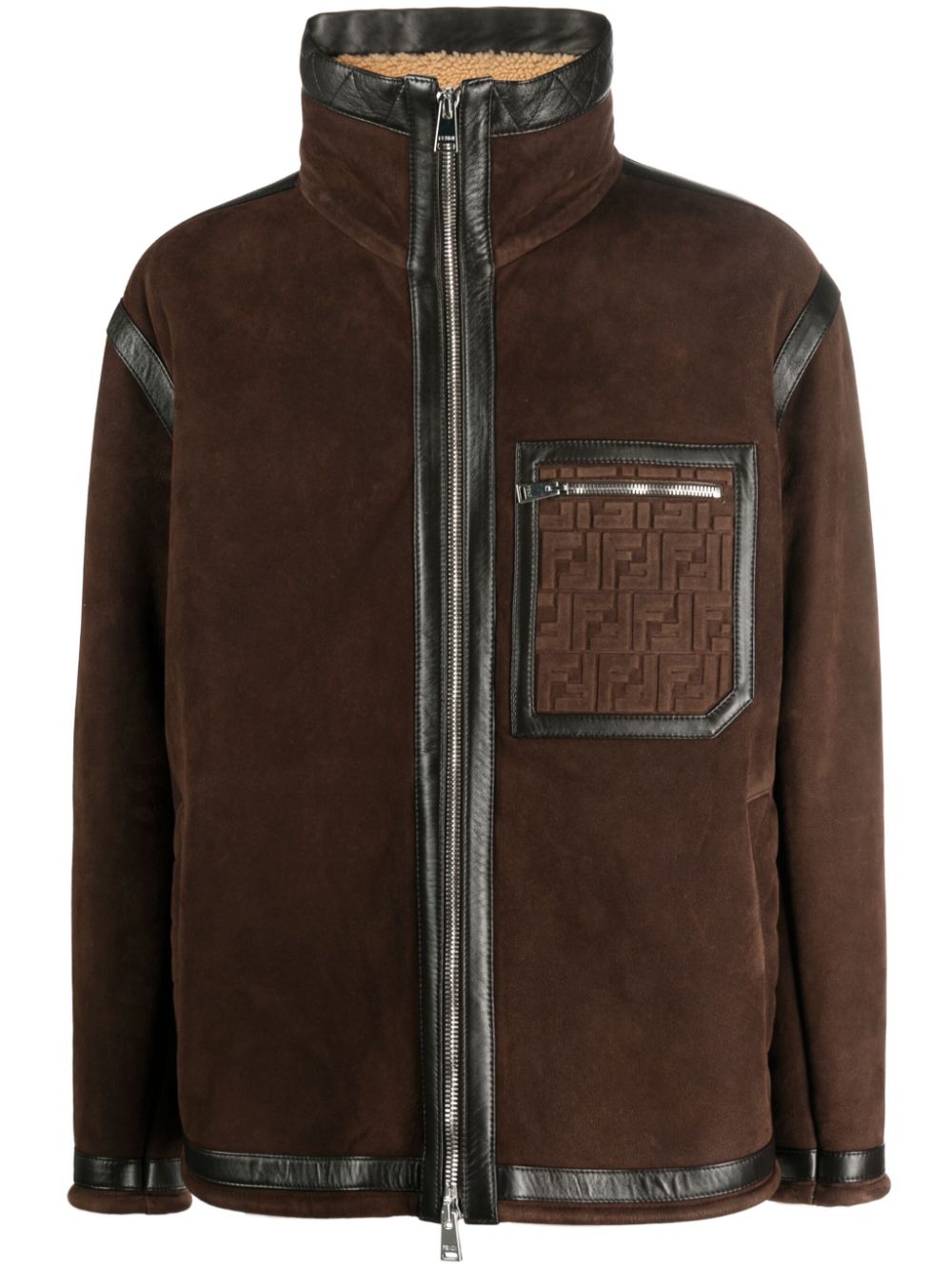 Logo-embossed shearling jacket - Brown