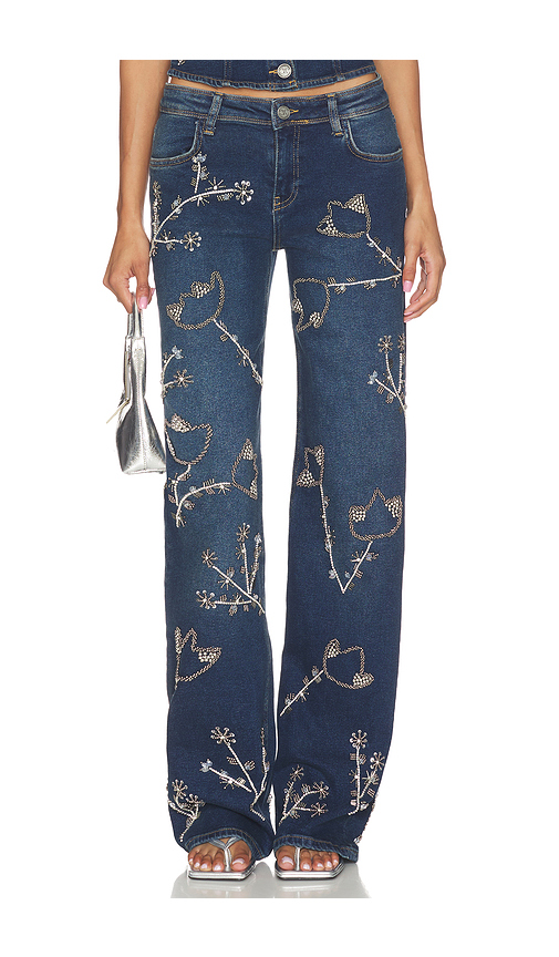 OW Collection Nova Embellished Denim Jean in Blue. L. Also in XS