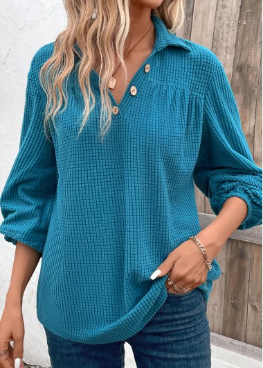 Modlily Peacock Blue Ruched Plus Long Sleeve Blouse