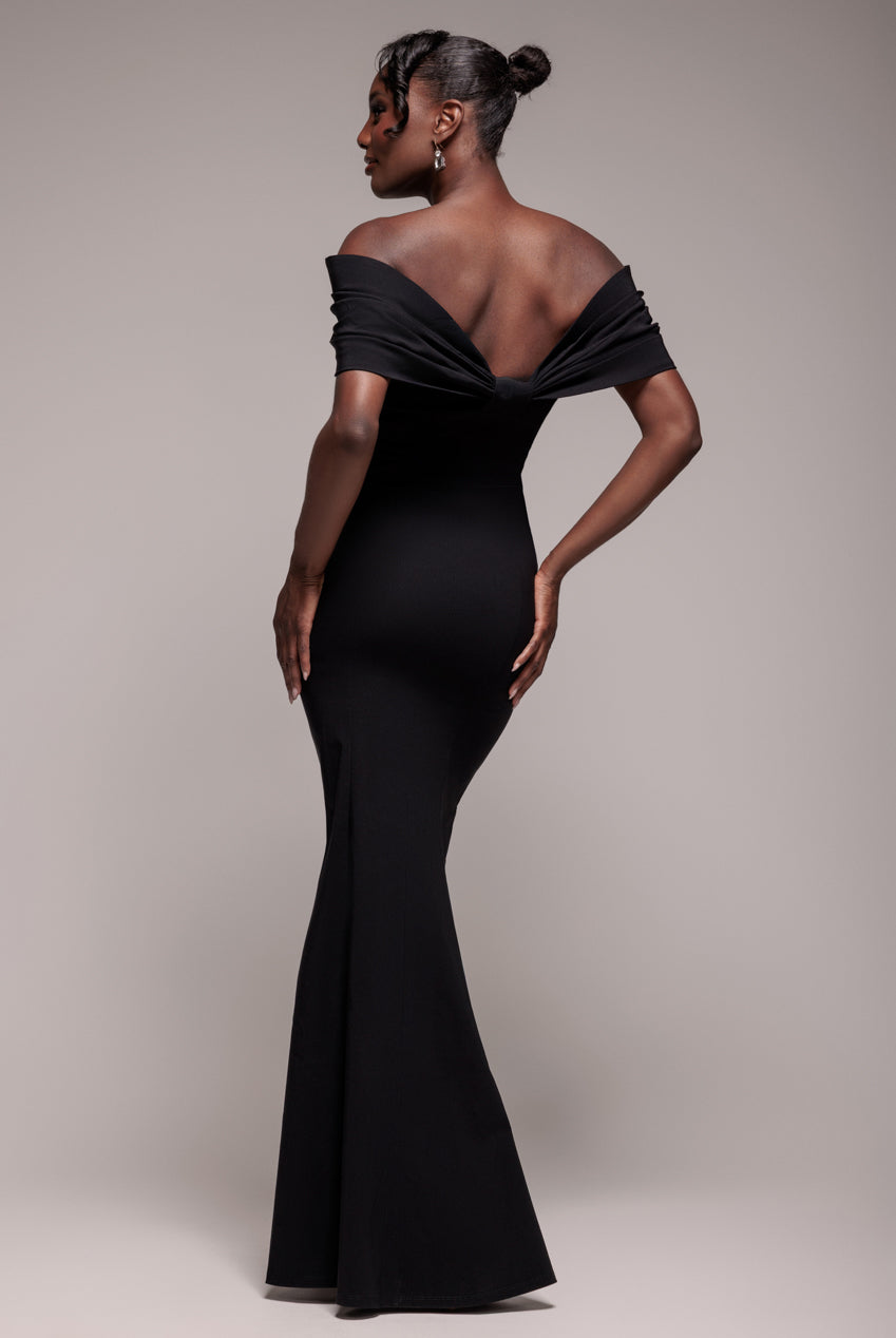 Goddiva Bardot Bow Neck Maxi Dress - Black